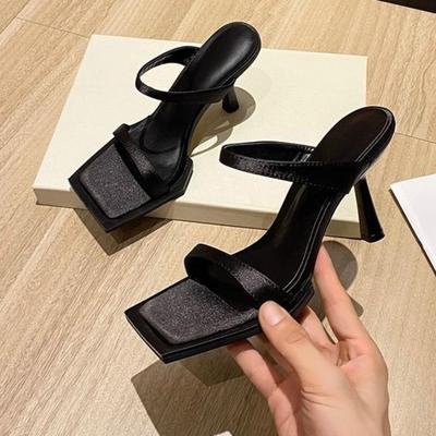 Модные летние новые сандалии на высоком каблуке-рюмочке с ремешком на одну линию, квадратным носком и открытым носком, женские модные сандалии на широкой подошве
