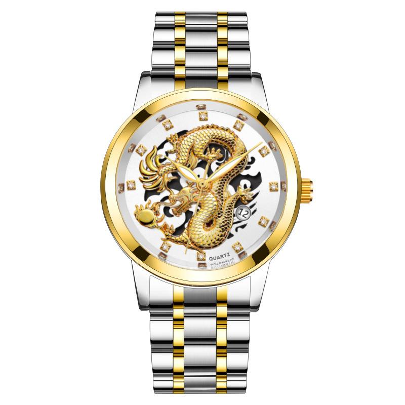 Fashion Men's Calendar Watch with Steel Band Waterproof Quartz Watch with Dragon Design