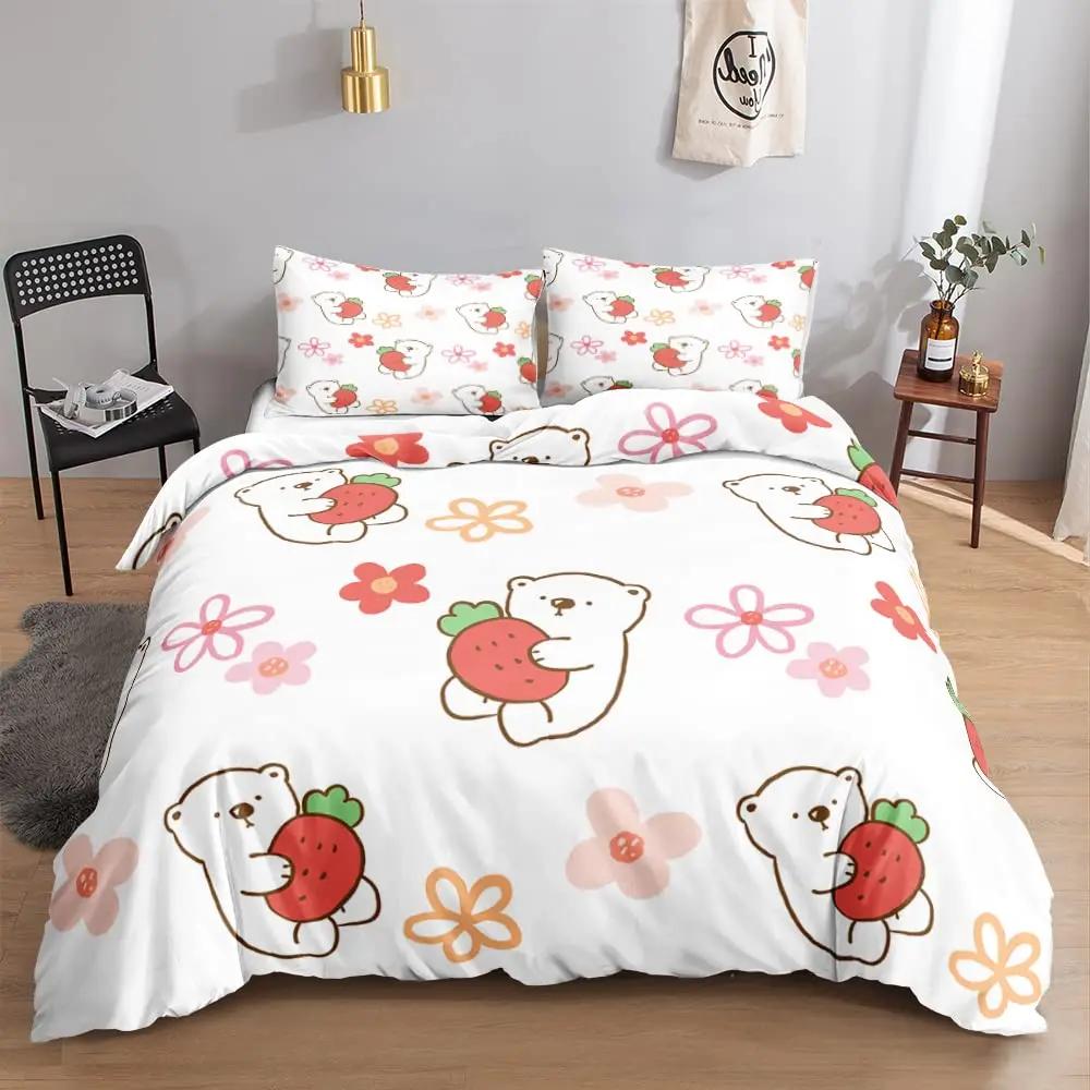 Strawberry Duvet Cover SetRed Strawberry Bedding Set For Girls Cute Black White Geometric Plaid Grid Comforter Cover Full Size