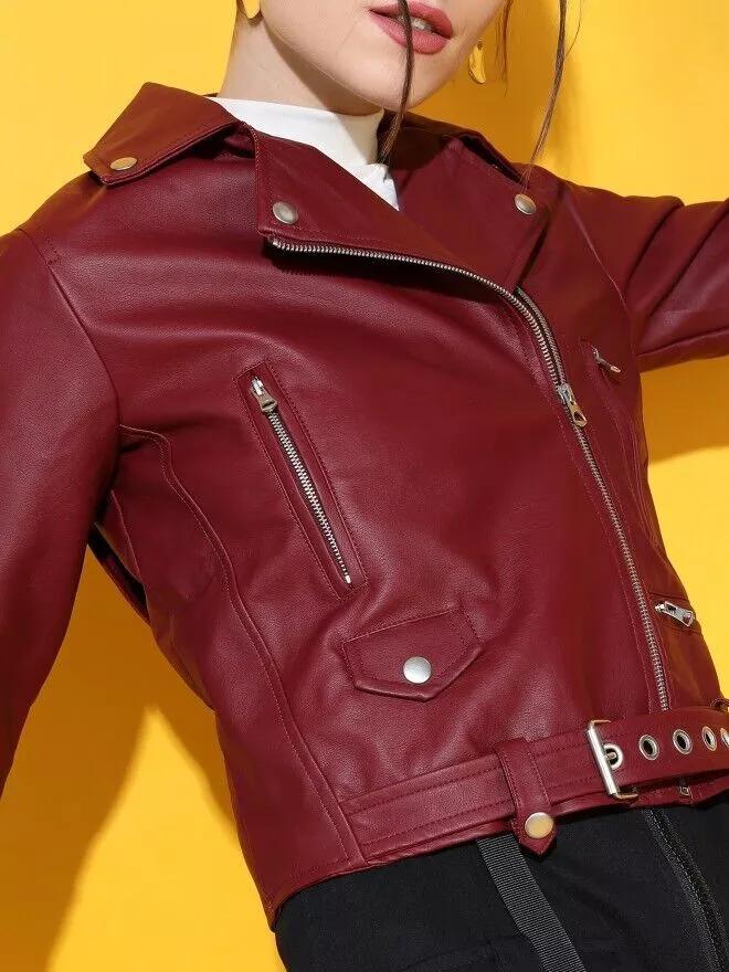 Тонкая байкерская куртка красного цвета Maroon для женщин из мягкой натуральной кожи ягненка, куртка для мотоцикла