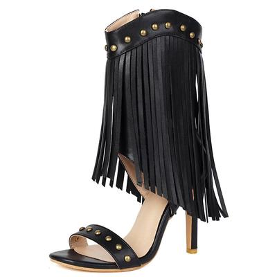 Дизайн Женские Босоножки Открытый Носок Шпилька 10.5см Заклепки Металлический Декор Большой Размер 45 46 47 48 Кисточки Свидания Модная Обувь