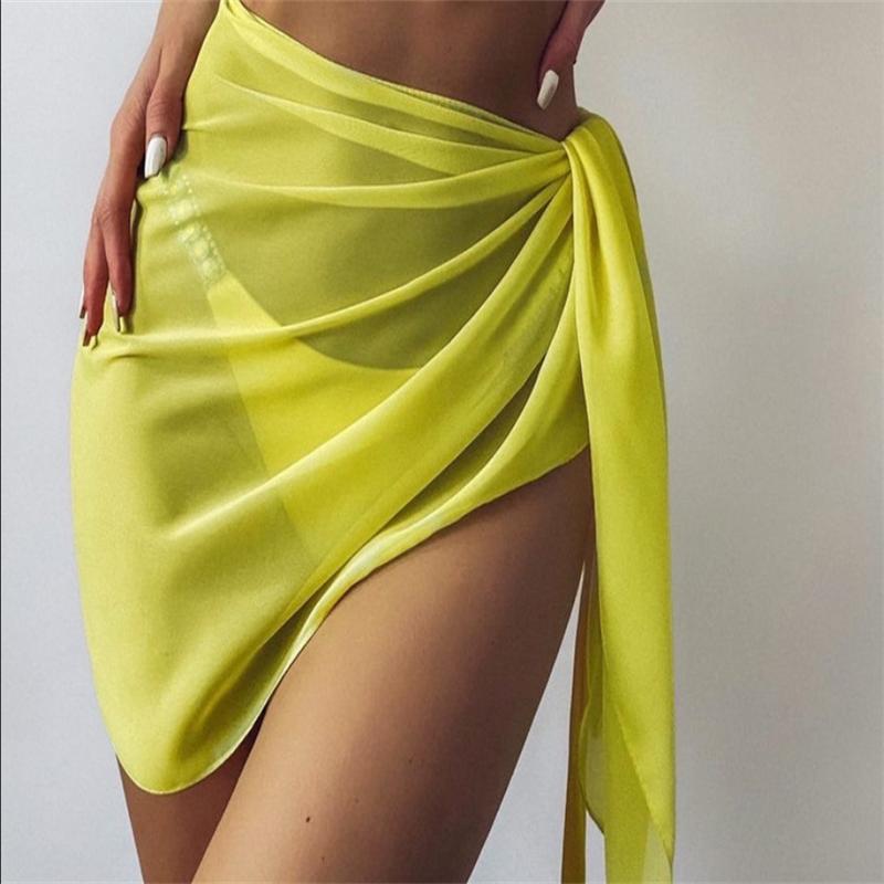 Summer Women's Short Saree Seaside Vacation Beach Party Bikini Cover-ups Solid Color Chiffon Breathable Wrap Mini Skirt