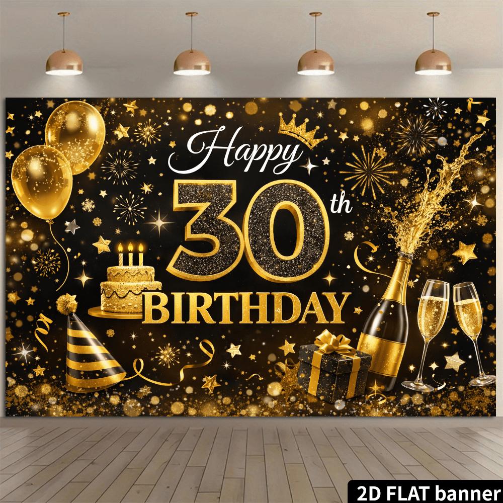 A black and gold themed background wall for a 30th birthday, made of polyester fiber material, featuring shiny golden nu