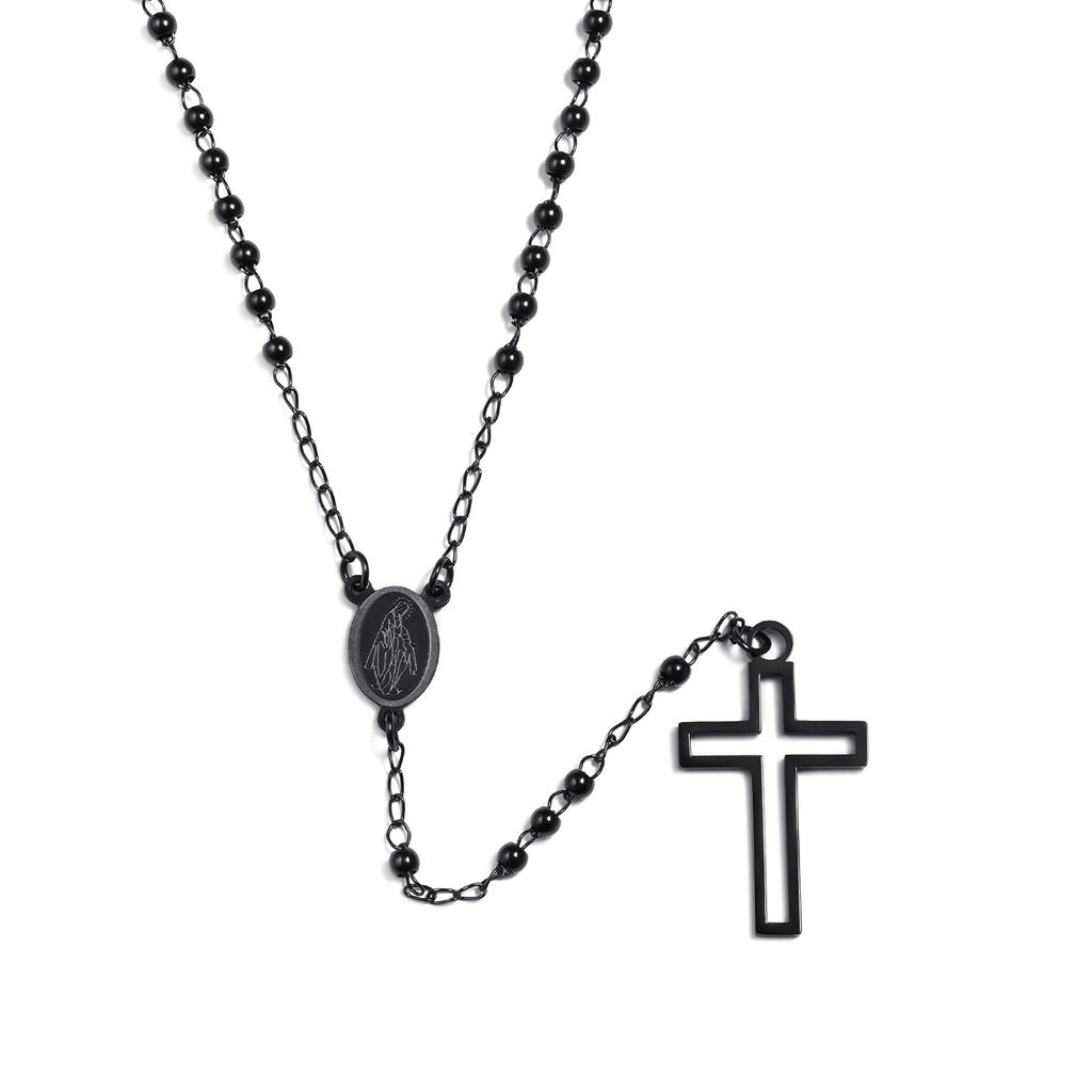 Cross Rosary Necklaces for Women, Virgin Mary Pendant Cruz Necklace, Stainless Steel Christ Jewelry