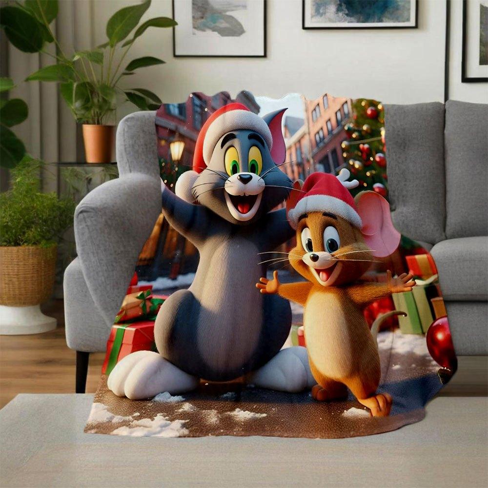 "Tom & Jerry Christmas Adventure: Festive Fun for Kids!"Blanket Flannel Throw Blanket for Sofa, Bed, Travel, Camping, Office