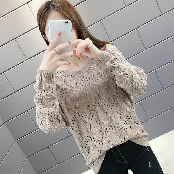 Hollow Women's Knitwear Spring and Autumn Style V-neck Loose Bottoming Shirt Short Long-sleeved Sweater Coat