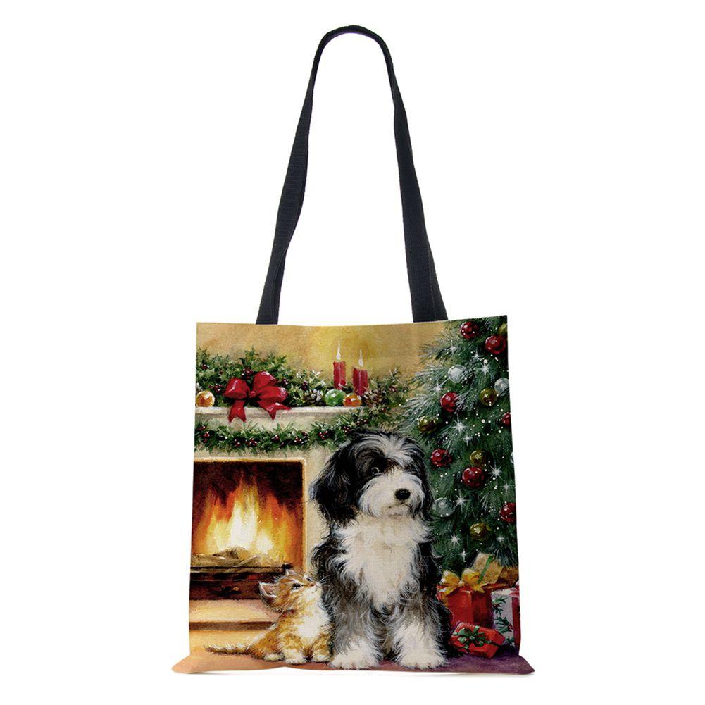Рождественская елка Подарок Харадзюку Холщовая сумка-шоппер Рождественская собака Женская многоразовая сумка через плечо Большая вместимость Складная сумка для хранения KTY