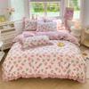 Комплект постельного белья с розовым цветочным принтом, 100% хлопок, корейский стиль, оборка, пододеяльник с 2 наволочками, приятный для кожи комплект постельного белья размера «queen-size»