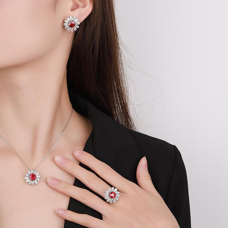 Jewelry simulation ruby ring women's European and American sterling silver needle s111 stud earrings fashion flower necklace