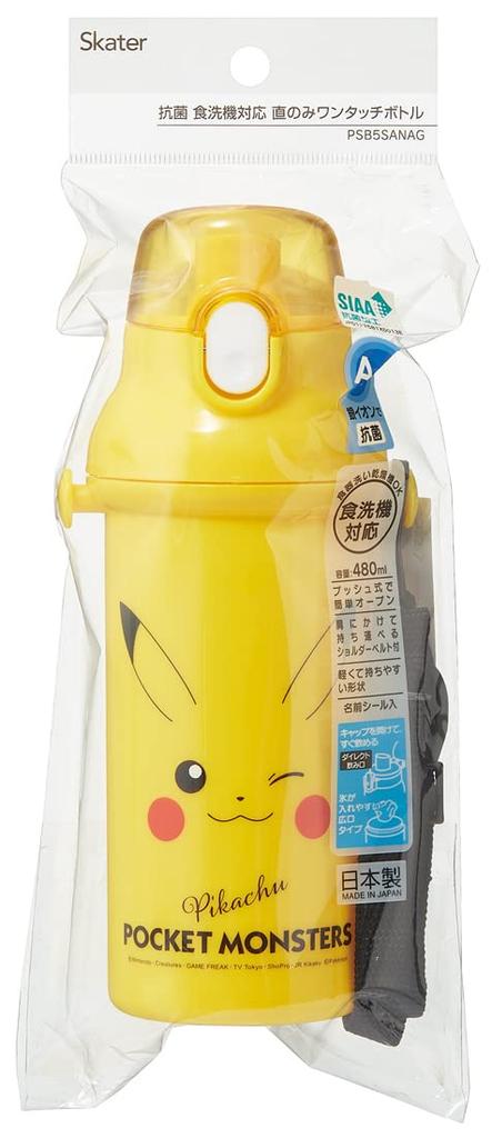 Skater Пластиковая бутылка для воды 480 мл, антибактериальная, для детей, легкая, антибактериальная обработка, сделано в Японии, лицо покемона пикачу 23