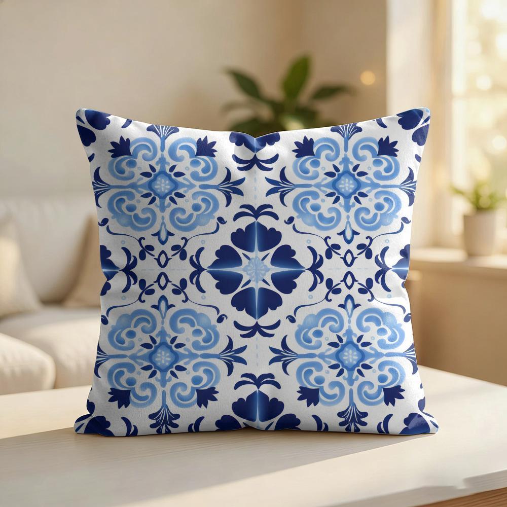 Blue Tile Pattern Cushion Cover Silky Short Plush Invisible Zipper Dustproof Sofa Pillow Case For Home Decor