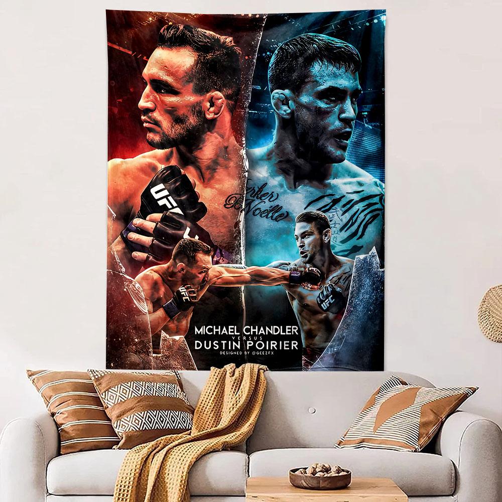 Split design featuring two fighters with red and blue-themed backgrounds. Patterned tapestry for bedroom and living room home decor