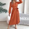 Women's Long Sleeve Dress V-Neck Polka Dot Dress with Tie Waist Long Pleated