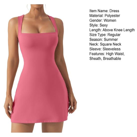 Женское мини-платье с квадратным вырезом, без рукавов, с открытой спиной, высокая эластичность, однотонное облегающее платье длиной выше колена с высокой талией