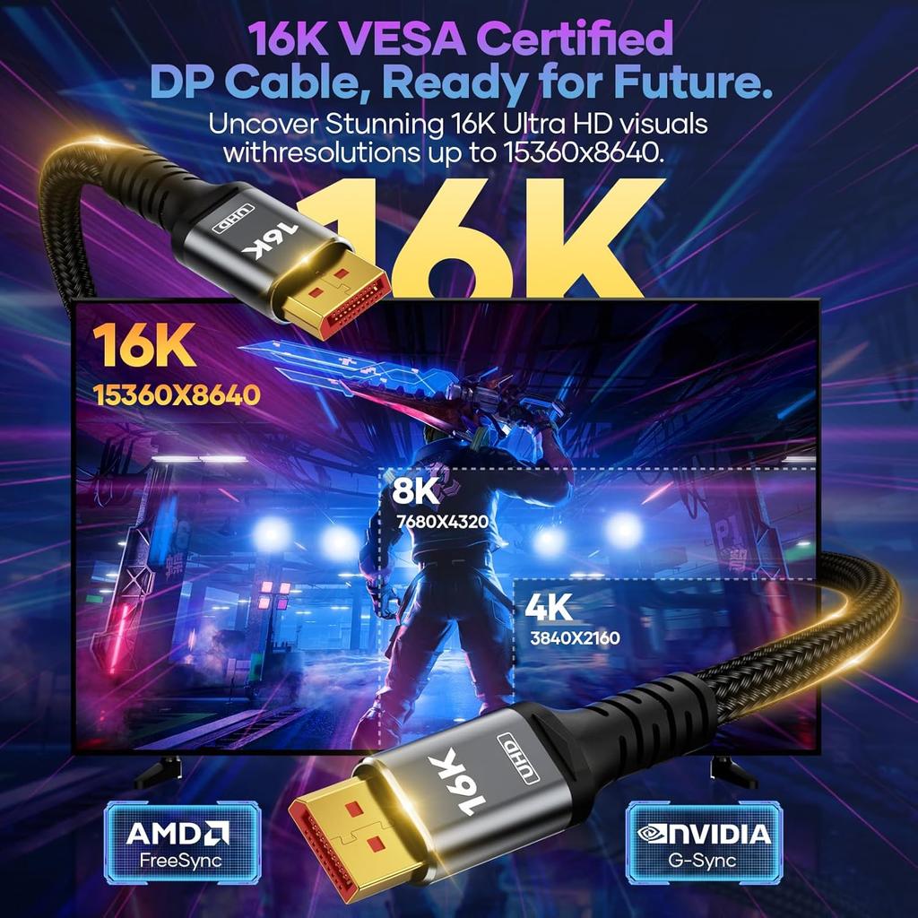 VESA Certified 16K Displayport Cable 2.1 DP 2.1 Cable 16K@60Hz, 8K@120Hz Support 80Gbps HDR, HDCP DSC 1.2a  For G-Sync Gaming Monitor 4090 7900xtx