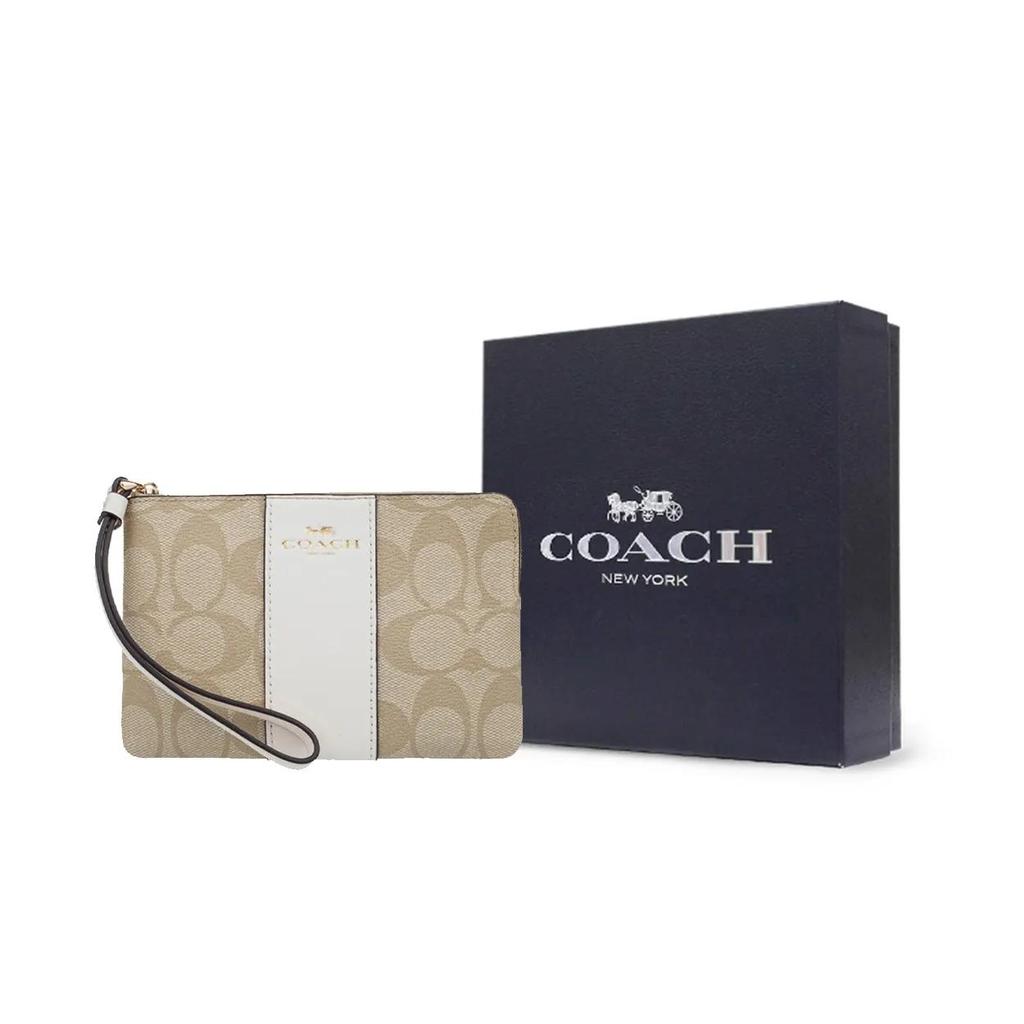 COACH Corner Zip Canvas Leather Mahjong Wrist Bag Clutch Small Women's White Khaki (Unisex) Clutches 58035 IMDQC