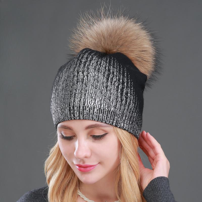 2024 New Winter Beanies Ladies Knitted Wool Warm Hats Fashion Pom Pom Real Raccoon Fur Caps Skullies Hat For Women Print Fur Cap