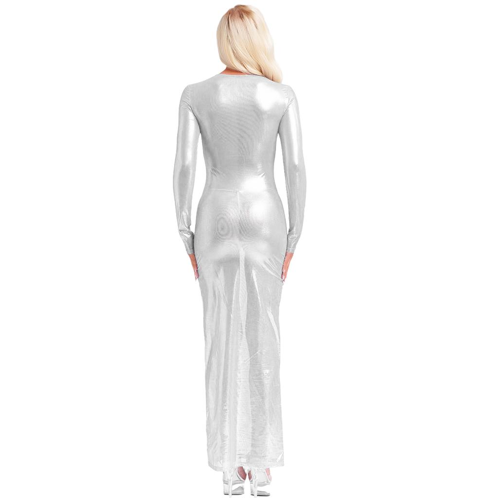 Женское прозрачное платье с длинным рукавом, с металлическим блеском, просвечивающее, в стиле макси, для клуба, ночное белье, забавное платье-нижнее белье