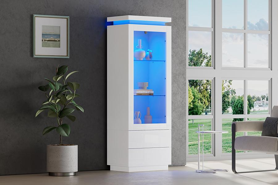 60*40*171cm Display Cabinet, Tall Cabinet with 2 Drawers, High Gloss Glass Display Cabinet with LED, Living Room with Glass Doors and Flip Door, White