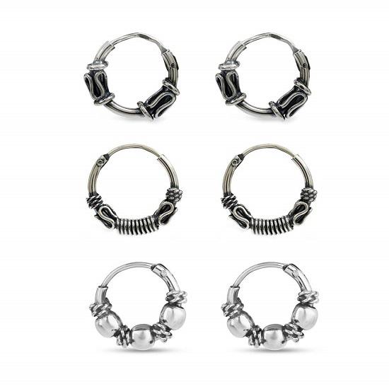 LeCalla Комплект ювелирных изделий из стерлингового серебра 925 пробы из 3 пар антикварных бесконечных маленьких балийских серег-колец для мужчин и женщин
