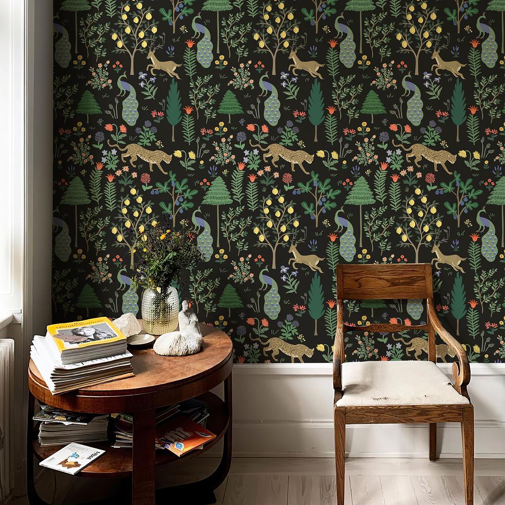 Ретро Цветочный Животный Черный Обои Лесной Стиль Леопард Цветок Самоклеящаяся Комната Декор Винтаж Темный Шик ПВХ Наклейка на Шкаф