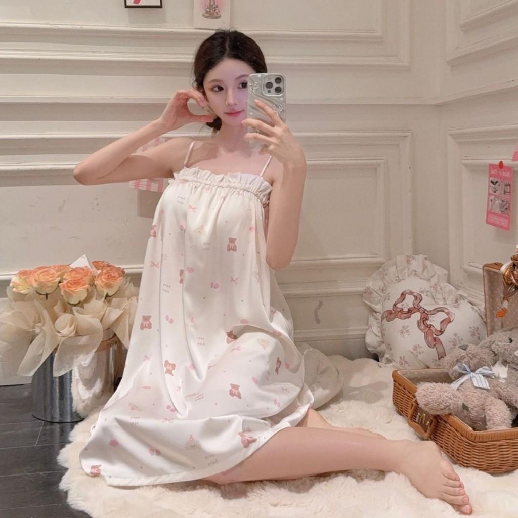 Girl Sleepwear Ice Silk Bear Nightdress Summer Loungewear For Teen Girls