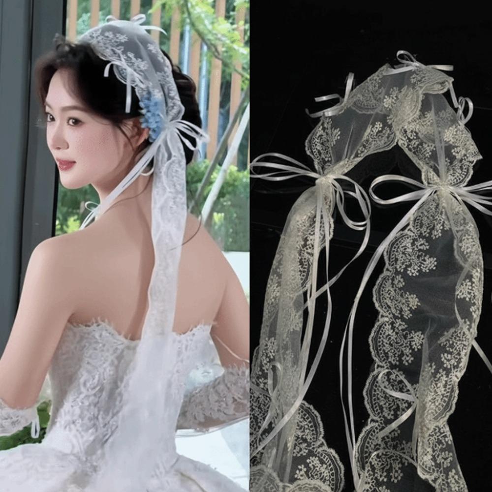 Retro Wedding Veil French Style Embroidered Bride Wedding Headwear Bride Lace Bow Long Headband