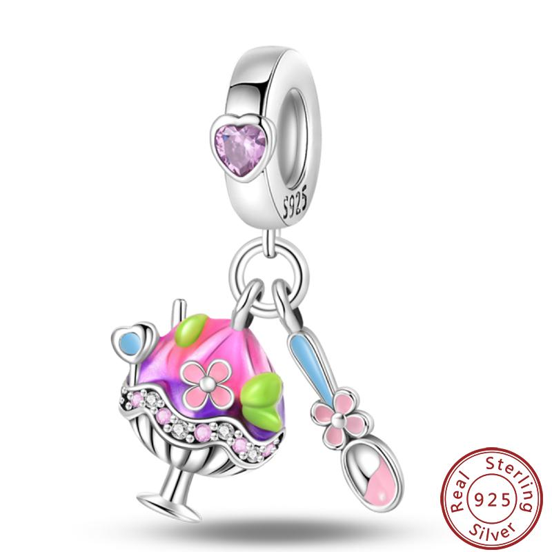 Dessert Afternoon Tea Series 925 Silver Coffee Cake Pizza Fries Sweet Charms Beads 3mm DIY Fine Jewelry Making