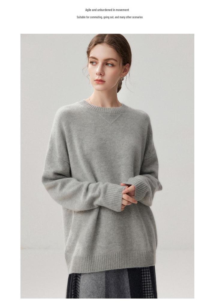 Women's Mid-Length Thickened Cashmere Sweater, Round Neck, Loose Fit, Simple Commuting Style - Ideal for Autumn and Winter Layers