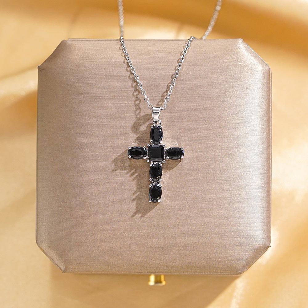 Zircon Cross Pendant Necklace: Gold Electroplated Titanium Steel, European & American Style, Elegant Female Design