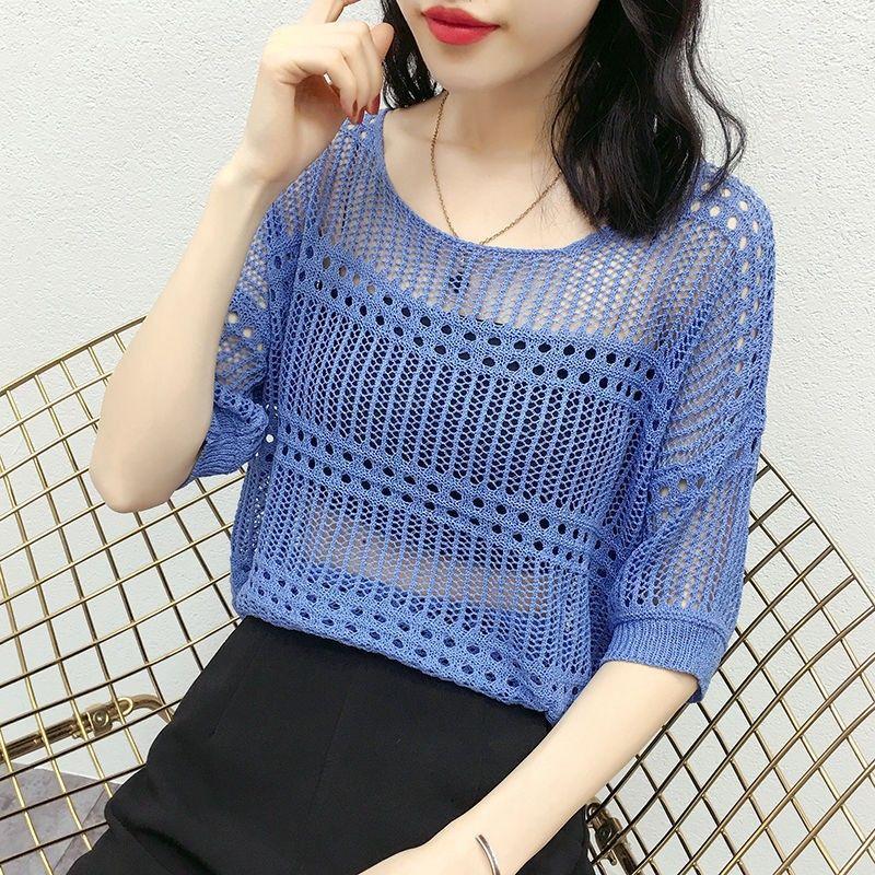 Female Hoodie Leisure, Elegant, Sexy Spring Hollow Round Neck Short Sleeve Knitted Top Summer Short-sleeved Hollowed Out Knit Shirt
