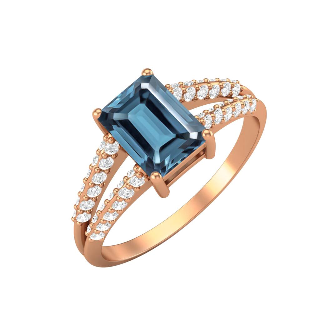 7X5MM Octagon London Blue Topaz Gemstone 925 Sterling Silver Rose Plated Solitaire Split Shank Women Wedding Ring