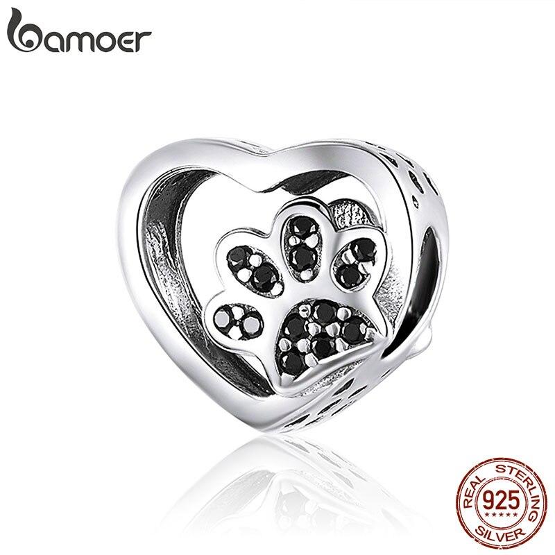 BAMOER 925 Sterling Silver Cat Love Heart-shape Charm Paw Footprints Heart Charms Beads Fit Original Bracelet