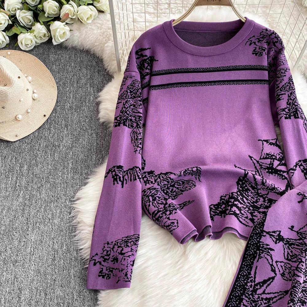 Осенне-зимний элегантный женский комплект одежды для отдыха из 2 предметов, трикотажные брюки, дизайнерский винтажный вязаный свитер с цветочным принтом