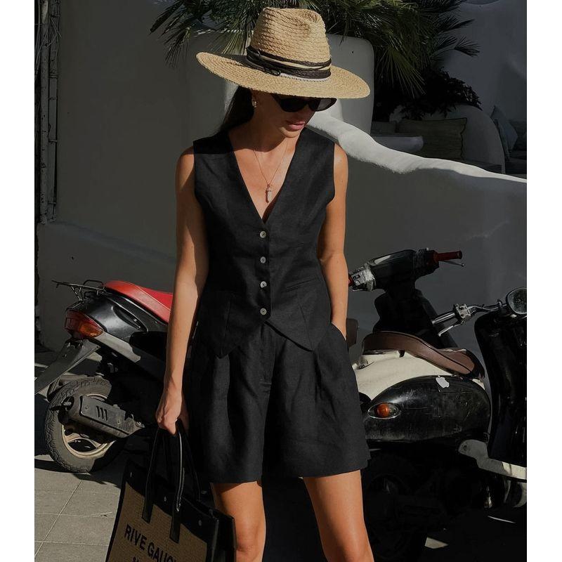 Suit European and American Design Cotton and Linen Suit Vest Set Women Clothes Summer Leisure Sleeveless Vest Shorts Two-piece Set