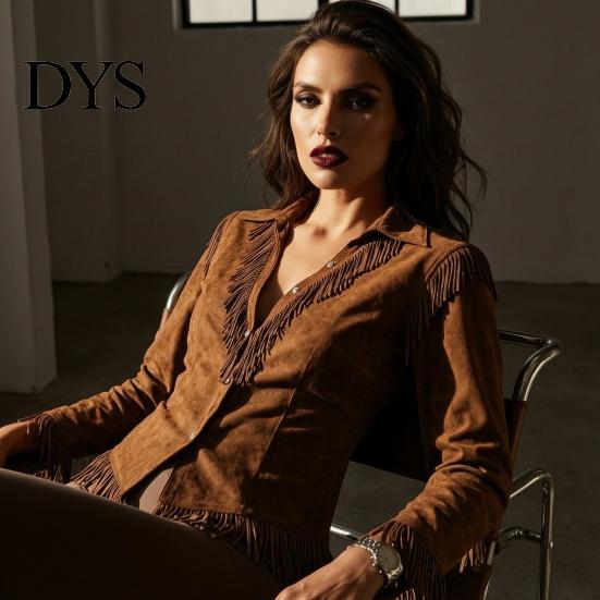 Western Cowgirl Shirt Women Tassel for Autumn, Button Down Slim Fit Fringe Blouse, Solid Color Casual Long Sleeve Top, Outfit Breathable Polyester