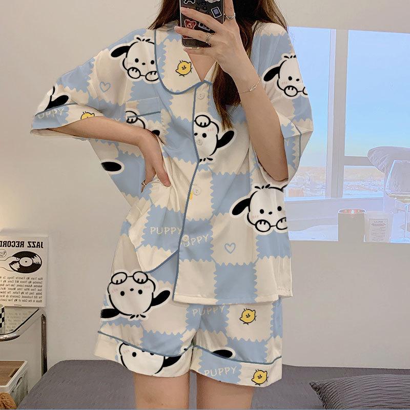 WeChat new short-sleeved pajamas women's summer lapel cute geometric loungewear Japanese and Korean popular shorts set