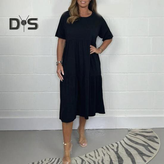 Женское летнее повседневное платье с коротким рукавом, струящееся А-силуэта, многоуровневое платье миди с круглым вырезом, пляжный свободный сарафан для отпуска и путешествий