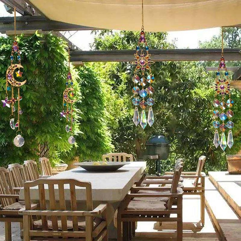 Crystal Pendant Suncatcher Window Prisms Rainbow Maker Vintage Wind Chimes Sun Moon Hanging Ornament Home Garden Decoration