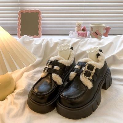 Модные женские туфли-лодочки Осень Зима Британский стиль Кожаная обувь для женщин Новые студенческие Японские Винтажные Плюшевые Теплые Хлопковые туфли для женщин