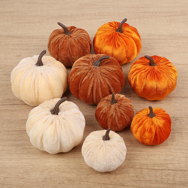 9pcs Velvet Artificial Pumpkins 3 Size Mixed for Halloween Party Thanksgiving Home Table Decoration Autumn Fall DIY Craft Wreath
