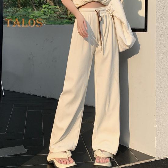 Женские брюки с эластичной резинкой и высокой талией, регулируемые длинные брюки с завязками, однотонные прямые широкие повседневные брюки для повседневной носки