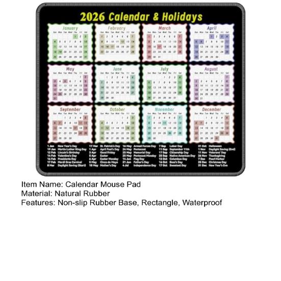 2026 Calendar Mouse Pad Rectangle Waterproof Home Office Gaming Computer Laptop Mousepad Desk Mat with Non-slip Rubber Base PC Accessories