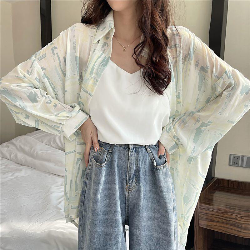 Women's Thin Sunscreen Chiffon Shirt In Summer Korean Style Lazy Hong Kong Style Long-sleeved Shirt Casual Loose and Versatile Top