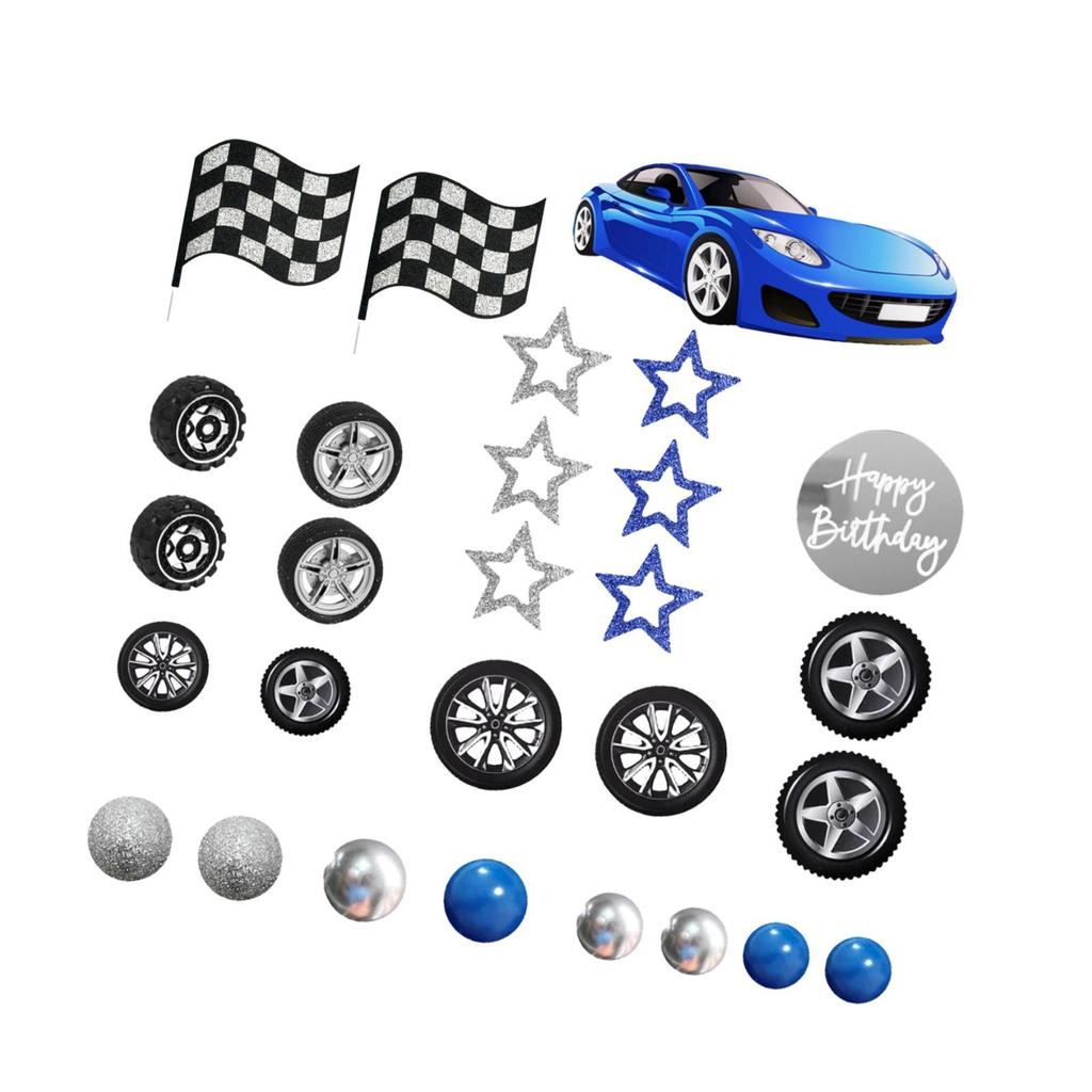 Racing Birthday Cake Topper Set Blue Car and Tyre Decor with Flags for Boy Children Party Supplies and Decorations