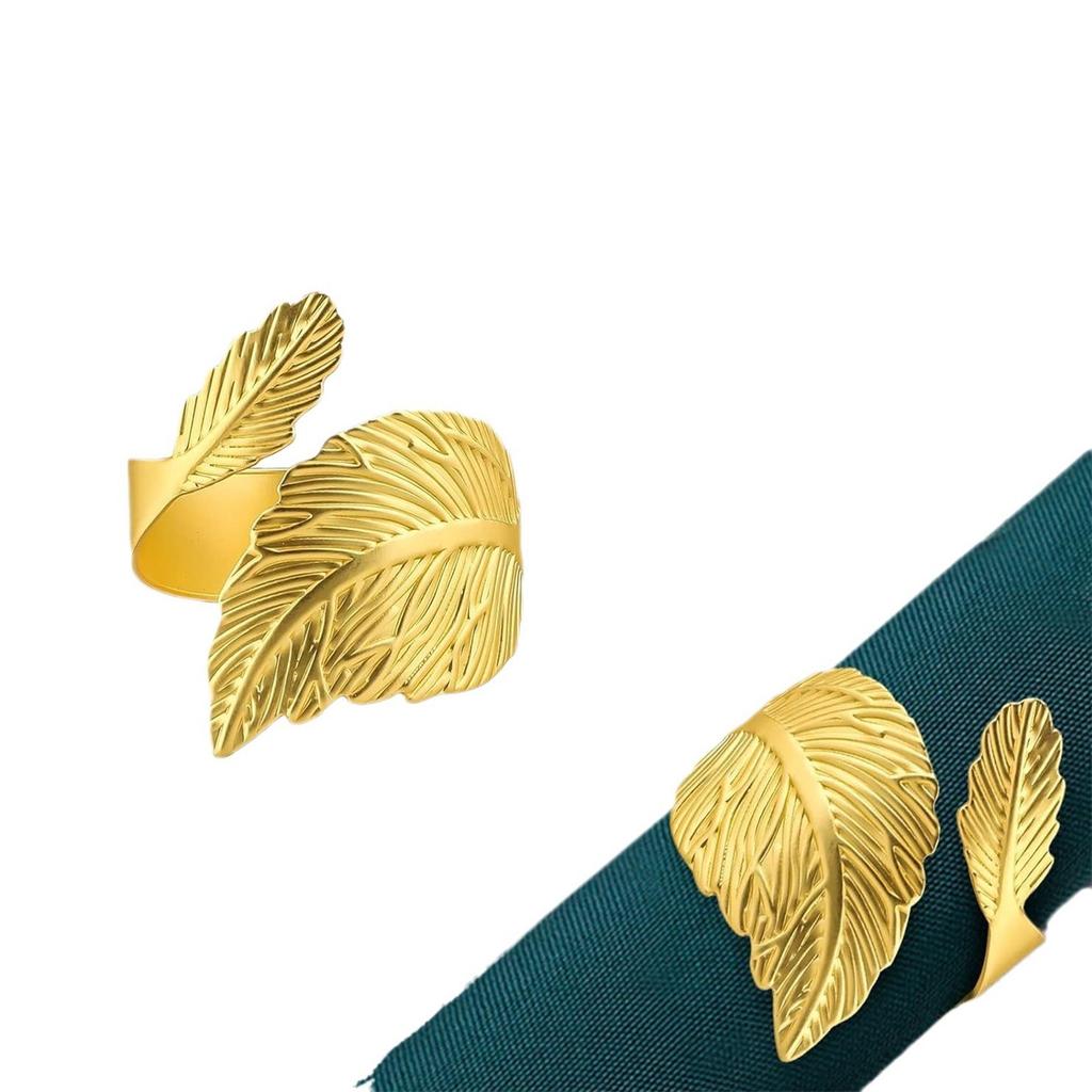 Set Of 6 Gold Leaf Napkin Rings With Open Napkins