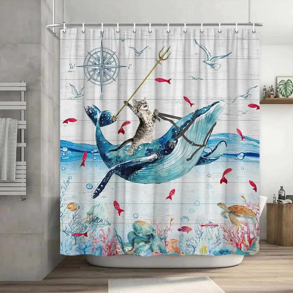 Смешная занавеска для душа Brave Cat Cartoon Душевая занавеска Waves Ocean Decor Ткань Душевая занавеска Set with Hooks Bathroom Decoration