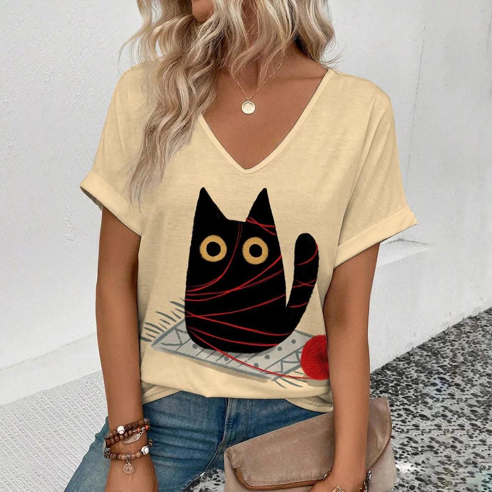 Женская ретро-футболка с рисунком аниме-кота, женская одежда для девочек, летняя футболка с коротким рукавом и V-образным вырезом, женская уличная одежда в стиле Харадзюку, свободная блузка