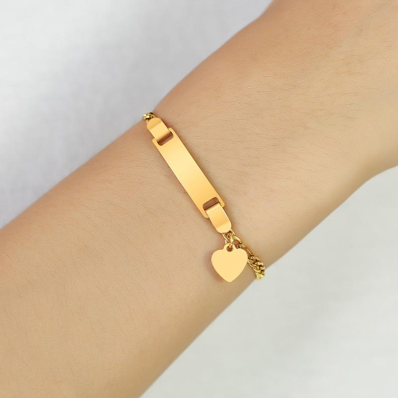 Personalized Heart Chain ID Name Bracelet for Boys Girls, Stainless Steel Nameplated Date Engraved Customized Birthday Gift