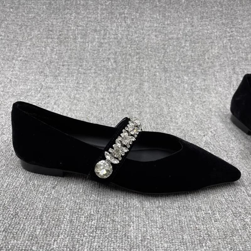 Модные туфли Мэри Джейн на плоском каблуке из бархата для женщин Весна Осень Острый носок Низкий Бриллиантовый Голубой Кожаный интерьер Резиновая подошва